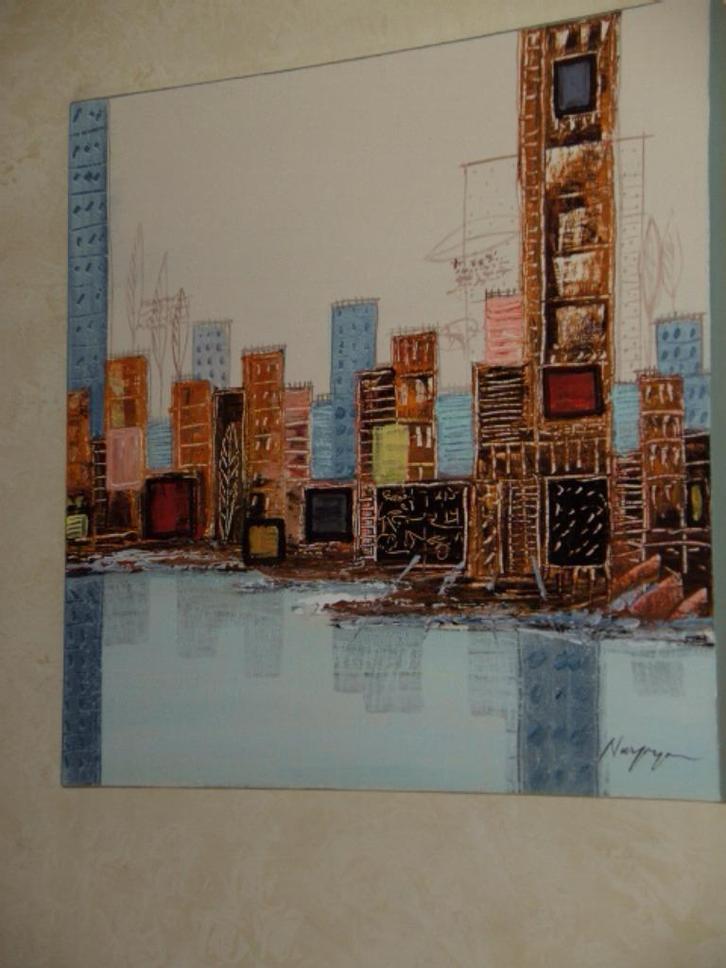 SCHILDERIJ ABSTRACT STADSBEELD BEIGE, 70x70 cm Nieuw, Antiek en Kunst, Kunst | Schilderijen | Abstract, Ophalen of Verzenden