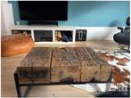 Salontafel oud eiken spoorbiels met stalen frame, Huis en Inrichting, Tafels | Salontafels, Metaal, Info@hout-art.nl, Nieuw, Industrieel