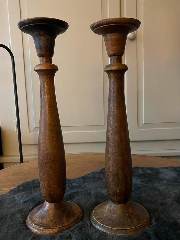 2 Teak Houten Kandelaars - 40cm - Brocante, Antiek en Kunst, Antiek | Kandelaars, Overige materialen, Ophalen of Verzenden