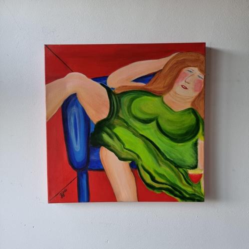 Kleurig schilderij van tipsy vrouw € 222,-, Antiek en Kunst, Kunst | Schilderijen | Modern, Ophalen of Verzenden
