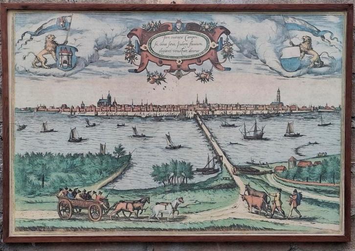 Kopergravure. Campen. Braun en Hogenberg. 1580., Antiek en Kunst, Kunst | Etsen en Gravures, Ophalen