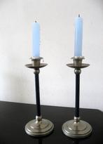 Twee art deco kandelaars verchroomd messing en blauw glas, Overige materialen, Ophalen of Verzenden