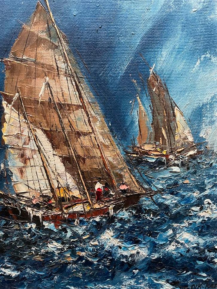 Schilderij van zeilboten op zee olieverf gesigneerd., Antiek en Kunst, Kunst | Schilderijen | Klassiek, Ophalen of Verzenden
