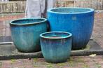 3 stuks mooie aquablauw/groene bloempotten, Tuin en Terras, Bloempotten, Gebruikt, Tuin, Rond, Aardewerk