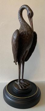 Prachtige Antiek Bronzen Kraanvogel met Bronzen Voetstuk, Ophalen, Brons