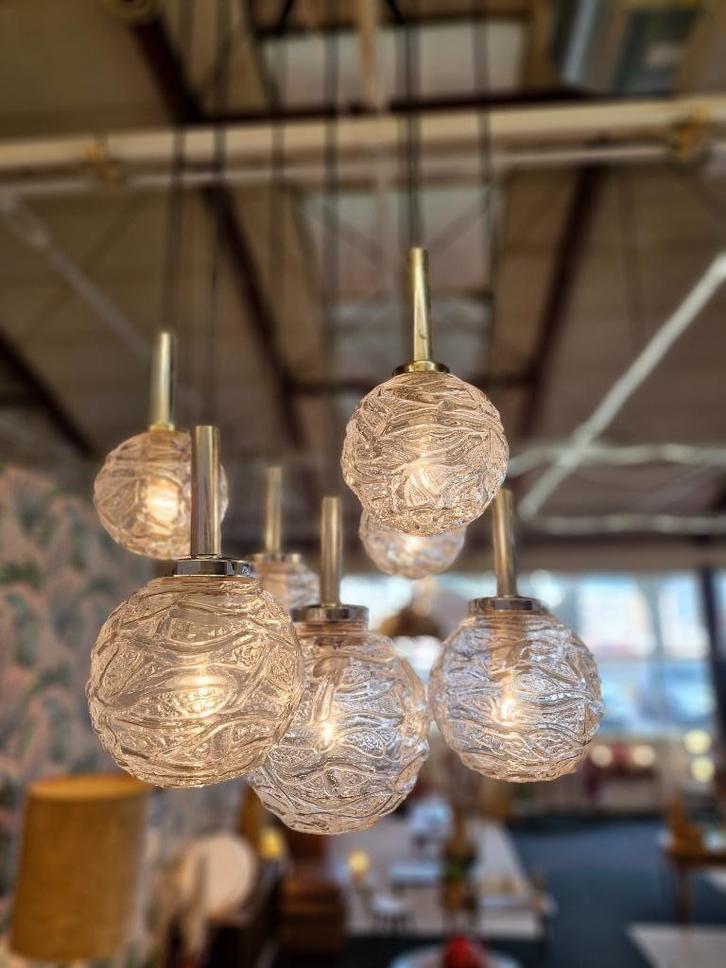 Vintage hanglamp glazen bollen chroom glas 70s, Huis en Inrichting, Lampen | Hanglampen, Gebruikt, Minder dan 50 cm, Glas, Ophalen