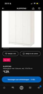 Kledingkast wit Ikea Kleppstad 3 deurs, Huis en Inrichting, Ophalen, Gebruikt, 100 tot 150 cm, Met hangruimte