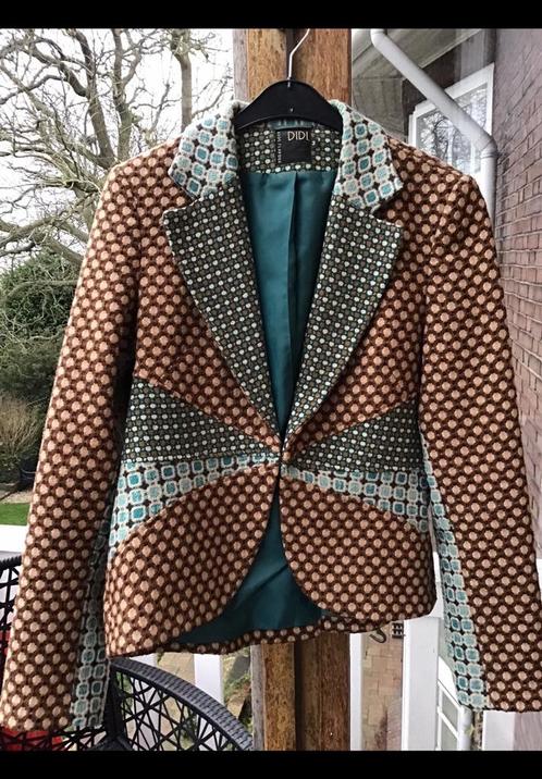Bruin, blauw getailleerd jasje, v Didi, maat 3 = ongeveer 38, Kleding | Dames, Jasjes, Kostuums en Pakken, Zo goed als nieuw, Maat 38/40 (M)