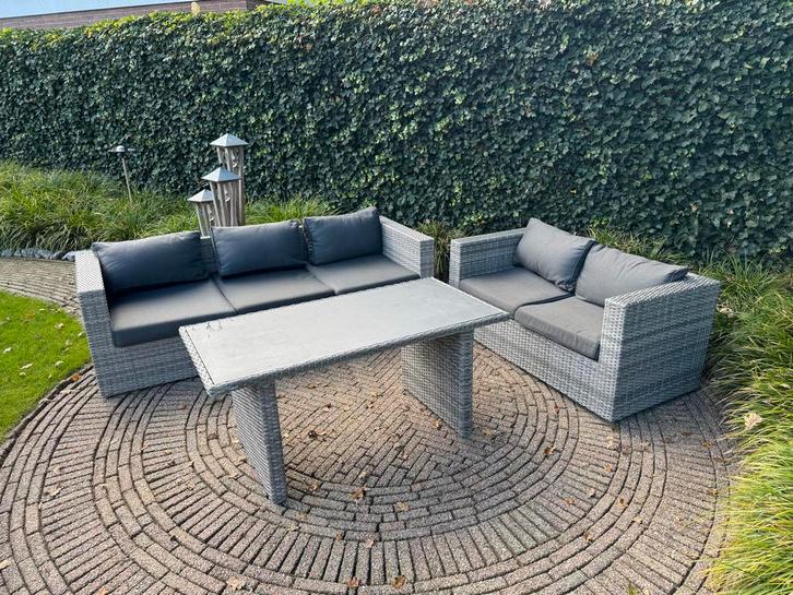 Complete loungeset met eettafel en hocker, Tuin en Terras, Tuinsets en Loungesets, Gebruikt, Loungeset, Wicker, 5 zitplaatsen