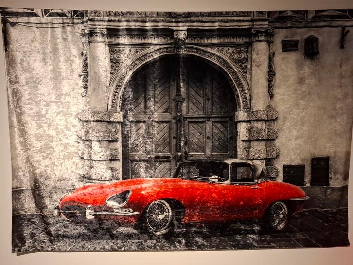 Groot decoratief wandtapijt Jaguar E-type, Antiek en Kunst, Kunst | Schilderijen | Modern, Ophalen of Verzenden