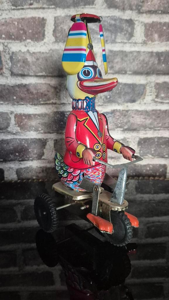 Vintage Blikken Eend op Driewieler Speelgoed, Antiek en Kunst, Antiek | Speelgoed, Ophalen of Verzenden