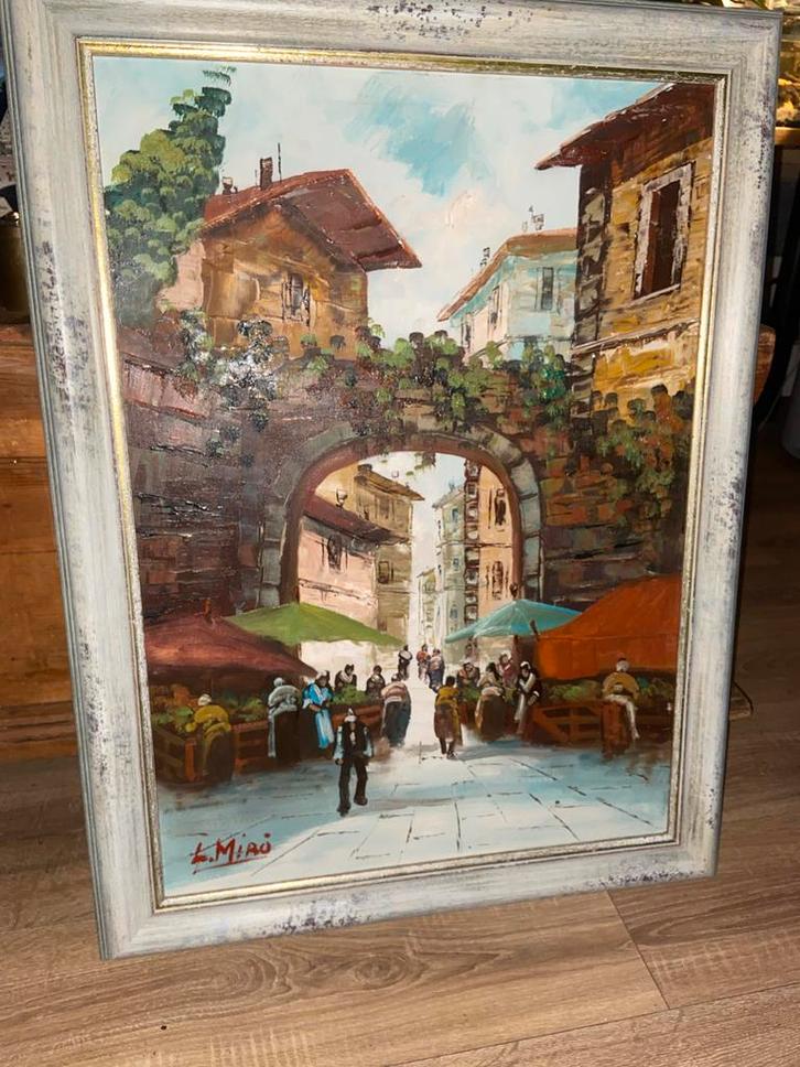 Schilderij L. Miao - Stadsgezicht, Antiek en Kunst, Kunst | Schilderijen | Klassiek, Ophalen of Verzenden