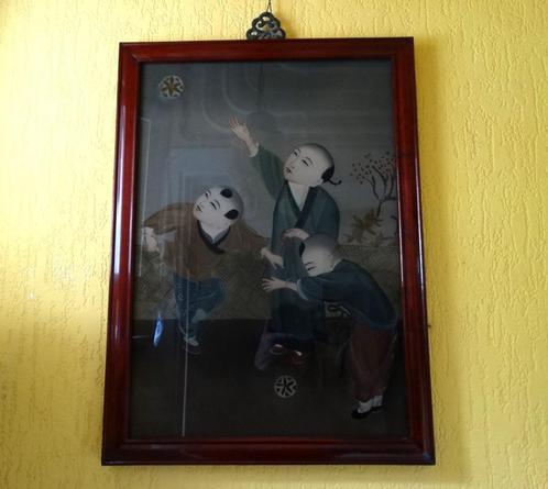 Achterglasschildering spelende jongens verre églomisé, China, Antiek en Kunst, Kunst | Schilderijen | Klassiek, Ophalen