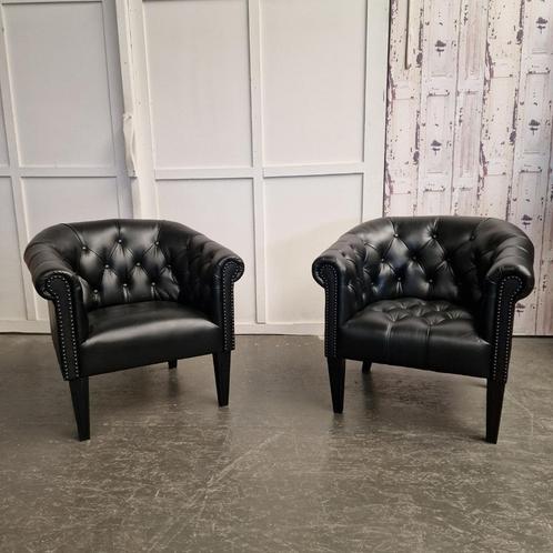 Chesterfield Zwarte Club Chair Set – 100% Leder | Nieuw, Huis en Inrichting, Fauteuils, Zo goed als nieuw, Leer, 75 tot 100 cm