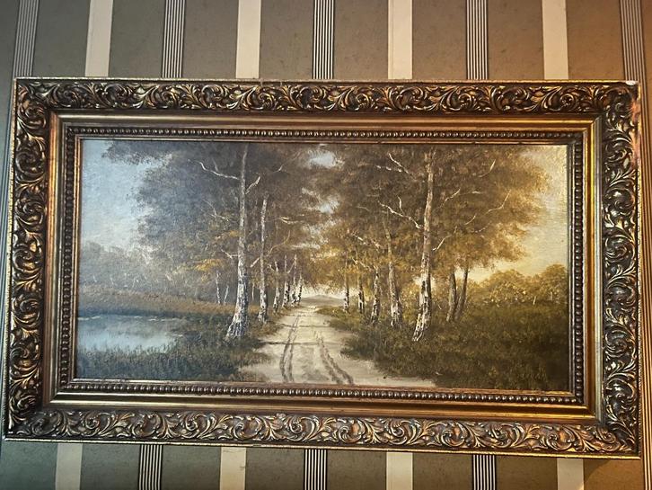 Te Koop: Schilderij van J. vd Plas – Bospaadje met vijver, Antiek en Kunst, Kunst | Schilderijen | Klassiek, Ophalen