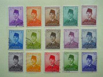 Indonesie 1948-1952 15 stuks Sukarno 1-50 Rupiah gestempeld beschikbaar voor biedingen