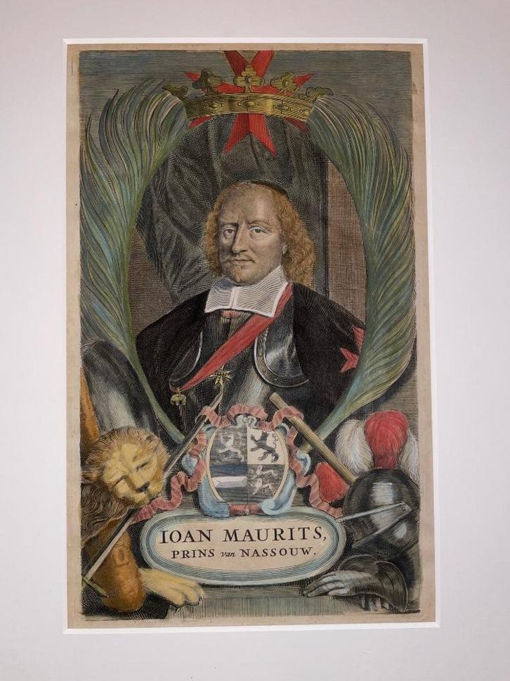 Ingekleurde gravure Johan Maurits prins van Nassau, Antiek en Kunst, Kunst | Etsen en Gravures, Ophalen of Verzenden
