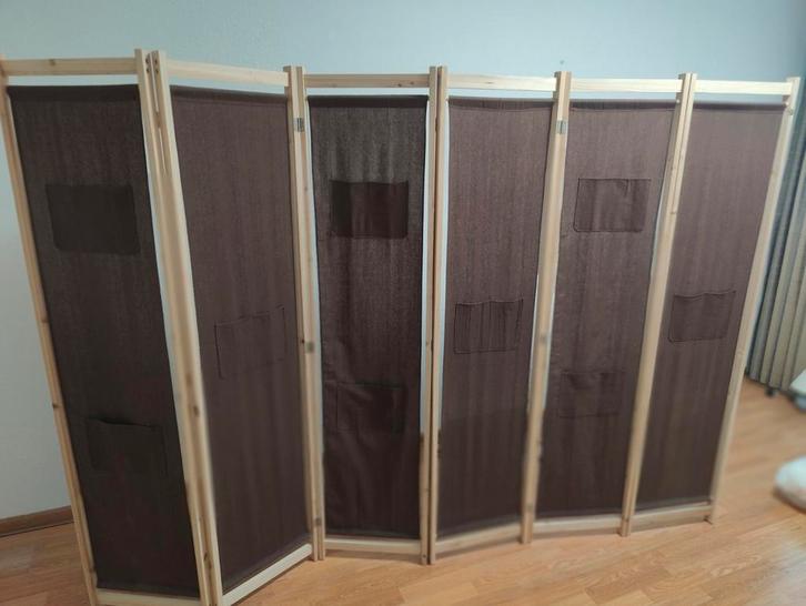 vidaXL kamerscherm – 6 panelen – bruin stof & vurenhout, Huis en Inrichting, Woonaccessoires | Kamerschermen, Zo goed als nieuw