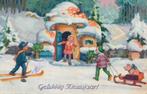 NIEUWJAAR Kinderen slee ski's biggetje sneeuw uit jaren 30, Verzamelen, Ansichtkaarten | Themakaarten, Verzenden, 1920 tot 1940