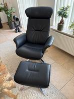 Zwart lederen fauteuil met voetenbank, Huis en Inrichting, Fauteuils, Ophalen, Nieuw, Leer, 75 tot 100 cm