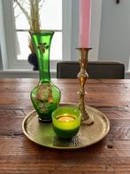 Vintage vaas, messing kandelaar en groen waxinelichtje, Ophalen of Verzenden, Groen, Glas, Minder dan 50 cm