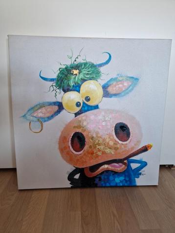 Origineel canvas schilderij – kleurrijke rokende koe beschikbaar voor biedingen