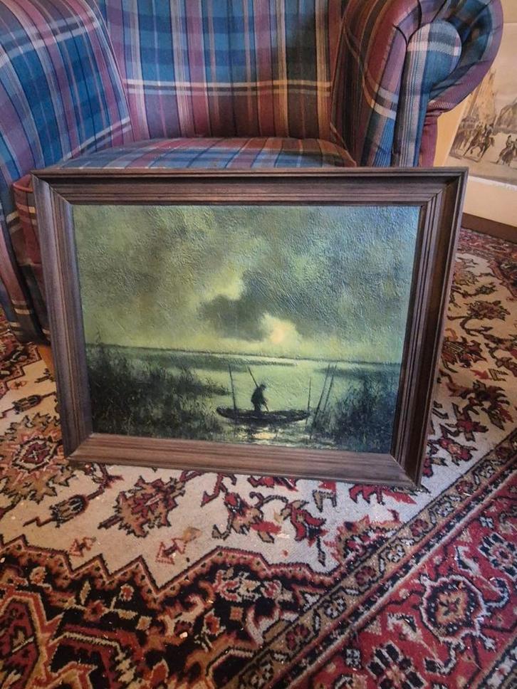 Schilderij met bootje in de natuur, Antiek en Kunst, Kunst | Schilderijen | Klassiek, Ophalen