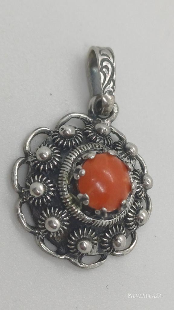 Vintage Zilveren Bloedkoraal Zeeuwse knop Hanger 835, Sieraden, Tassen en Uiterlijk, Kettinghangers, Zilver, Zilver, Met edelsteen