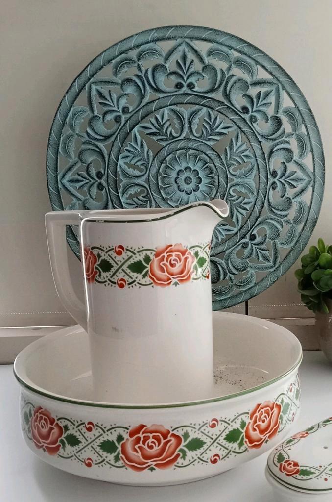 Antieke, brocante lampet set bestaande uit waskom en schenkk, Antiek en Kunst, Curiosa en Brocante, Ophalen of Verzenden
