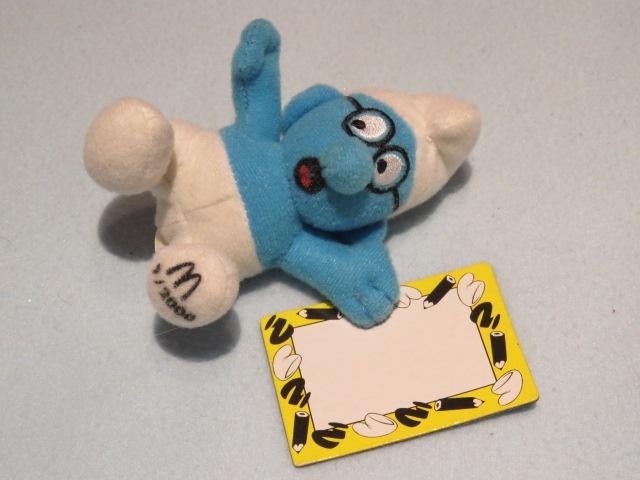 Brilsmurf knuffeltje uit McDonalds Happy Meal 2000, Verzamelen, Smurfen, Zo goed als nieuw, Poppetje, Figuurtje of Knuffel, Brilsmurf
