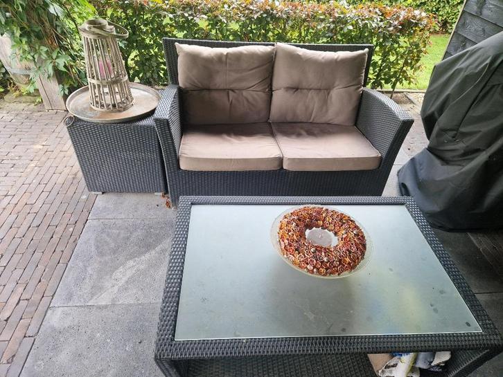 Tuinbank + tafel + hocker, Tuin en Terras, Tuinbanken, Gebruikt, Wicker, Ophalen