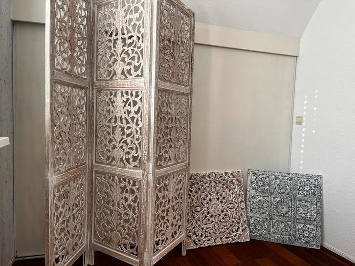 Houten kamerscherm met decoratieve panelen, Huis en Inrichting, Woonaccessoires | Kamerschermen, Gebruikt, Ophalen