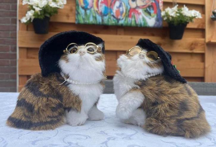 2 luxe poezen met parelketting stijlvolle hoed  goudkl bril, Verzamelen, Dierenverzamelingen, Zo goed als nieuw, Beeldje of Figuurtje