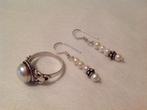 Zilveren ring en oorbellen met zoet water parel, Sieraden, Tassen en Uiterlijk, Ringen, Verzenden, Zo goed als nieuw, 17 tot 18