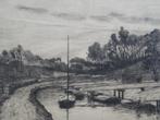 Ets beek met boten en dijk, A.J. Grootens, 1913, Antiek en Kunst, Kunst | Etsen en Gravures, Verzenden