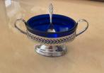 Blauw glazen vintage suikerpot in zilverkleurige  met lepel, Antiek en Kunst, Ophalen of Verzenden