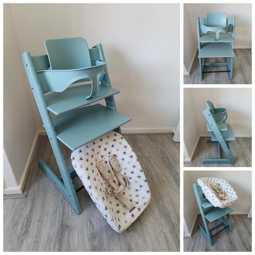 Stokke Tripp Trapp aqua blue+babyset, newbornset, extra hoes, Kinderen en Baby's, Kinderstoelen, Gebruikt, Meegroeistoel, Aanschuifbaar