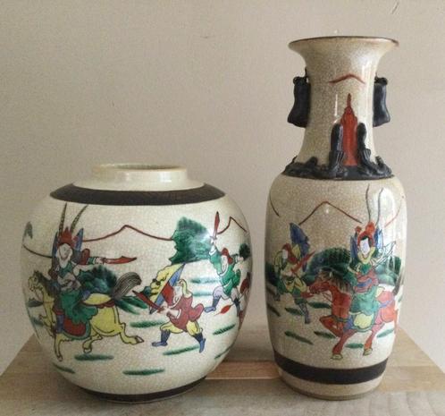 Set 19de eeuwse Nanking craquelé gemberpot en vaas gemerkt, Antiek en Kunst, Kunst | Niet-Westerse kunst, Verzenden