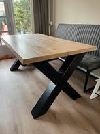 Handgemaakte eikenhouten eettafel met metalen x poot, Huis en Inrichting, Tafels | Eettafels, Ophalen, Eikenhout, 50 tot 100 cm