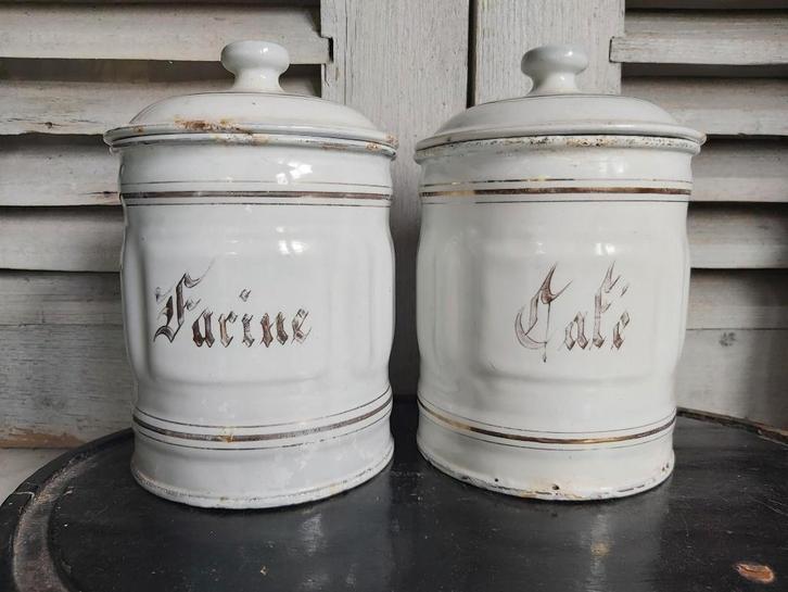 6 oude emaille voorraadbussen koffie, rijst, farine, café.., Antiek en Kunst, Antiek | Emaille, Verzenden