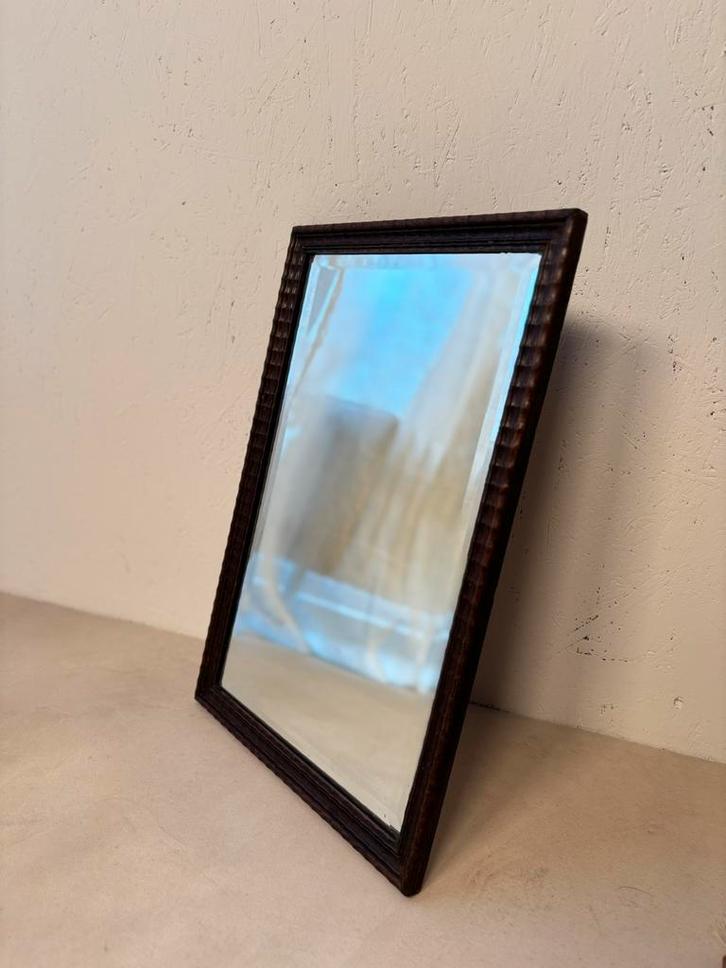 Vintage houten spiegel jaren 50 – facetglas, Antiek en Kunst, Antiek | Spiegels, Rechthoekig, Ophalen of Verzenden