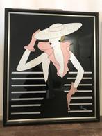 Vrouw  Vrouw  Schilderij met hoed op glas geschilderd, Antiek en Kunst, Ophalen