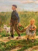 Klassiek Schilderij: Kinderen met Geitje, Antiek en Kunst, Ophalen of Verzenden
