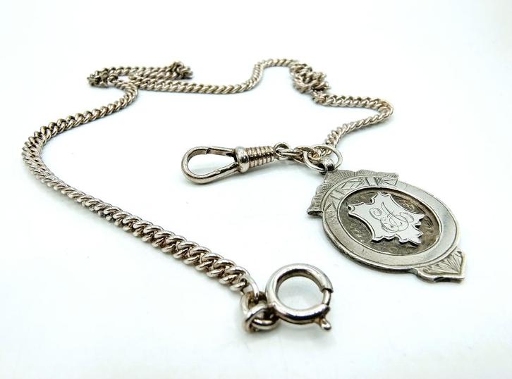 Zilveren horlogeketting, Pringles & Sons, Birmingham, 1912, Sieraden, Tassen en Uiterlijk, Antieke sieraden, Ketting, Zilver, Verzenden