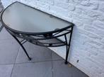 Halfrond tafeltje met glazen plaat voor buiten, Huis en Inrichting, Tafels | Sidetables, Gebruikt, 100 tot 150 cm, Ophalen of Verzenden