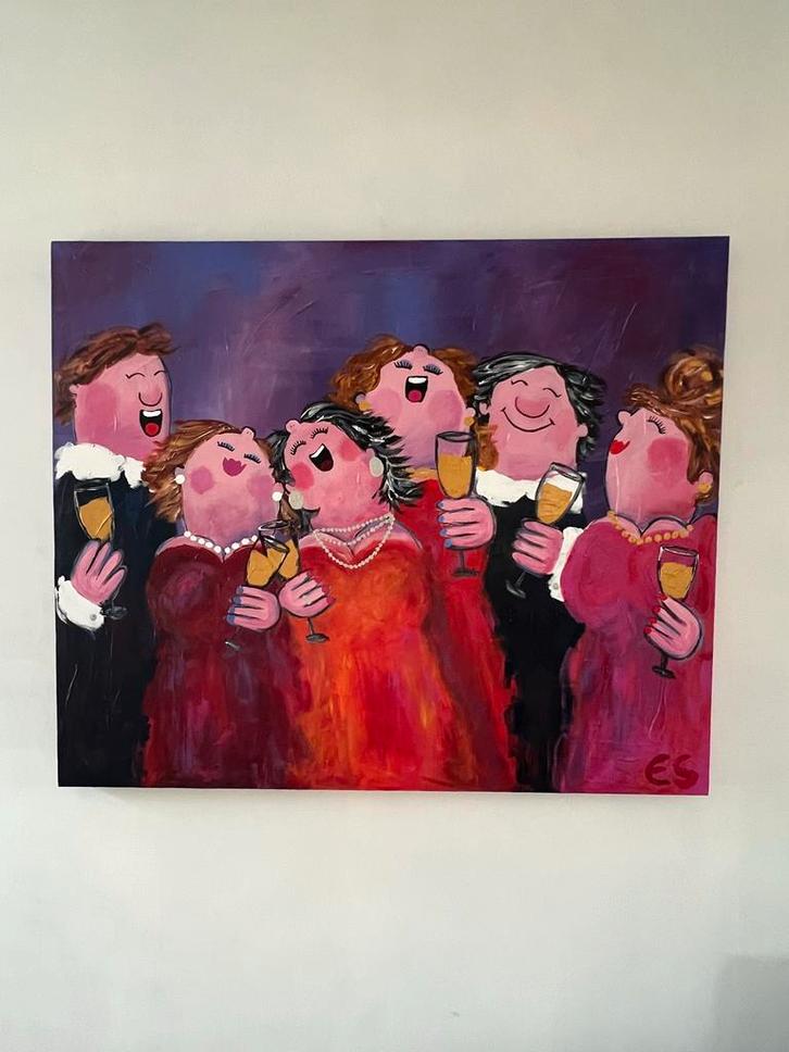 Gezellig schilderij proostende dames en heren Esther Gemser, Antiek en Kunst, Kunst | Schilderijen | Modern, Ophalen