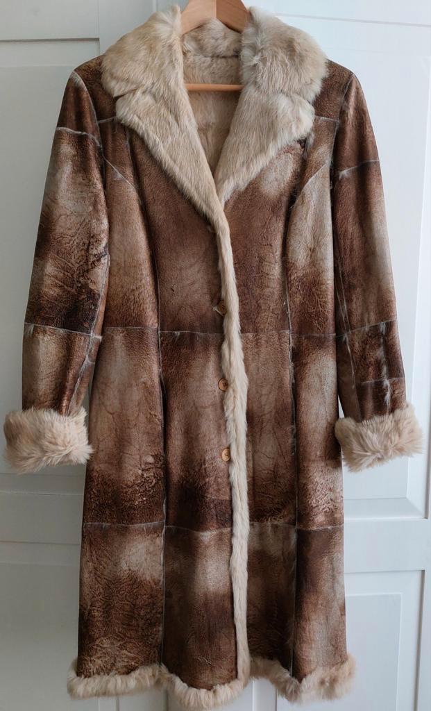 Vintage  bruine  leren/bontjas, Kleding | Dames, Jassen | Winter, Gedragen, Maat 36 (S), Beige, Ophalen
