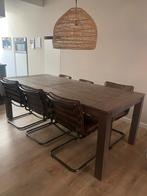 Houten eettafel met 6 leren stoelen, 200 cm of meer, 100 tot 150 cm, Gebruikt, Rechthoekig