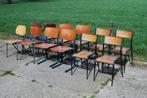 Schoolstoelen (12) diverse hout metaal, Vijf, Zes of meer stoelen, Metaal, Vintage, Bruin