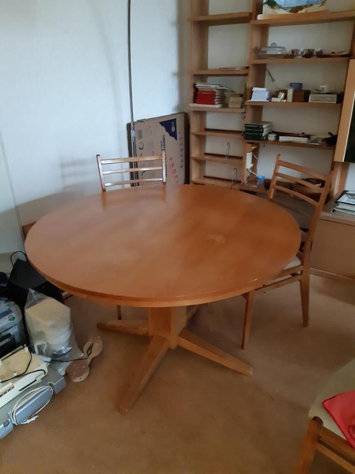 vintage ronde houten eettafel met 4 stoelen, Huis en Inrichting, Tafels | Eettafels, Gebruikt, 100 tot 150 cm, 100 tot 150 cm